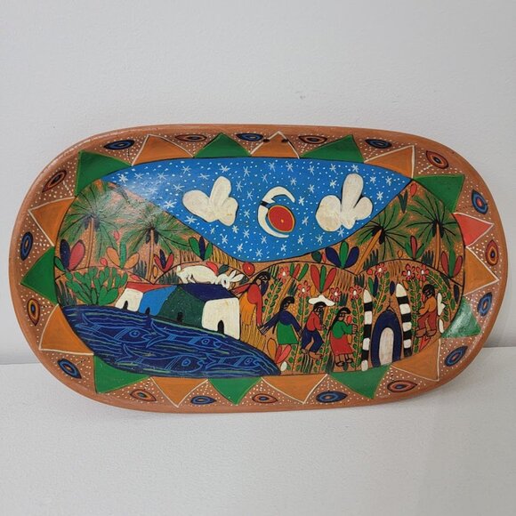 Unbranded Other - Mexican Hand Painted Folk Art Oval Clay Tray Platter Terracotta Wall Decor Fish